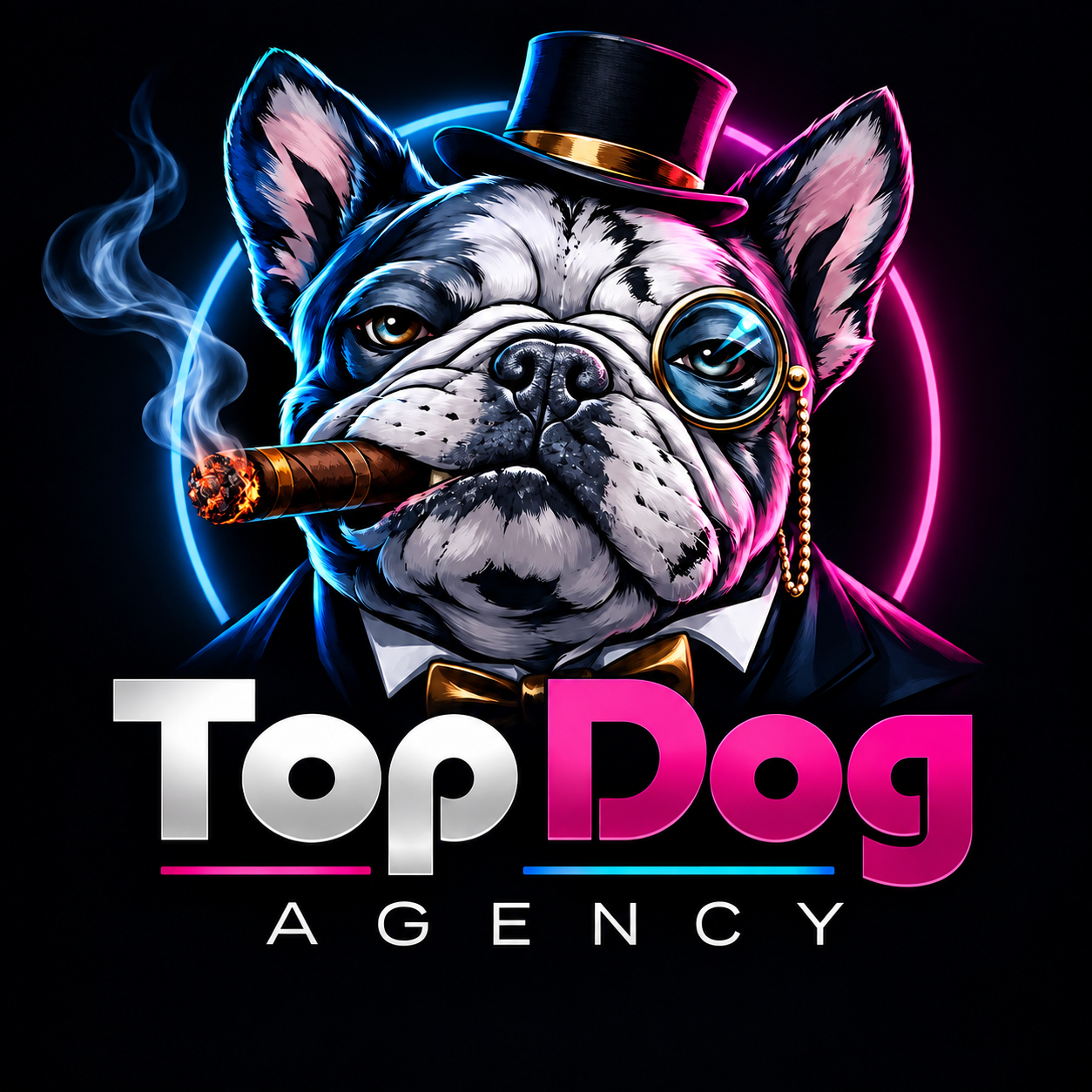Top Dog Agency bulldog mascot in top hat and monocle
